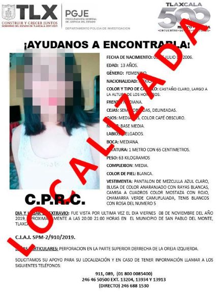 Localiza PGJE a una menor desaparecida andaba de farra con sus amigos