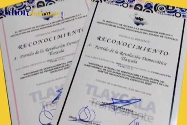 Reconoce IAIP al PRD Tlaxcala por su cumplimiento total en materia de transparencia y rendición de cuentas